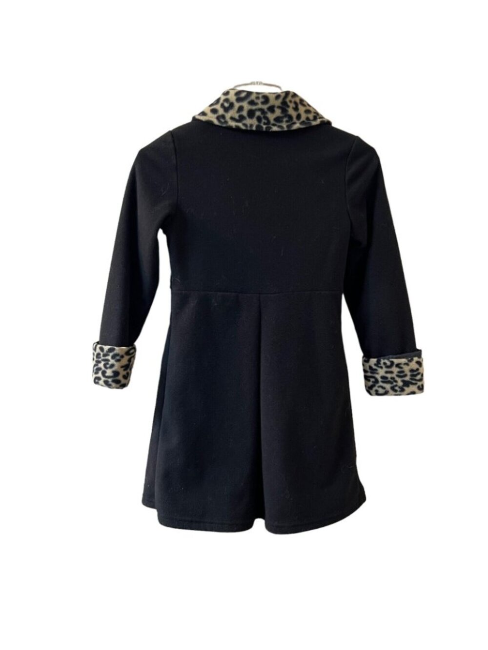 Vtg Copper Key Black Coat Faux Fur Leopard Trim Collar Cuffs Girls 7/8 Pockets - Picture 2 of 13